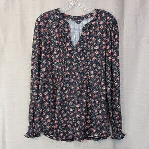 Micoson Women's Size XL Blouse Long Puff Sleeve Navy Floral Cottagecore Peasant
